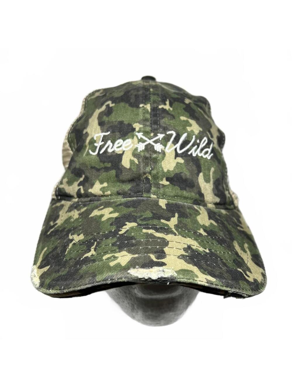 Free Wild Green Camo Leopard Print Mesh Trucker Hat Distressed Baseball Cap